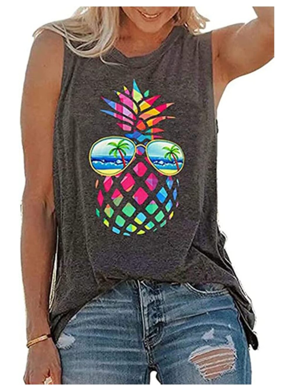 Womens Summer Tank Top Loose Fit Sleeveless V-Neck Cotton Blend Casual
